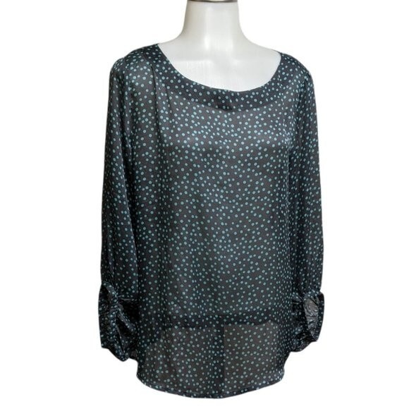 LOFT Shear Long Sleeve Blouse Gray Blue Spots Boat Neck Top M - Picture 1 of 10